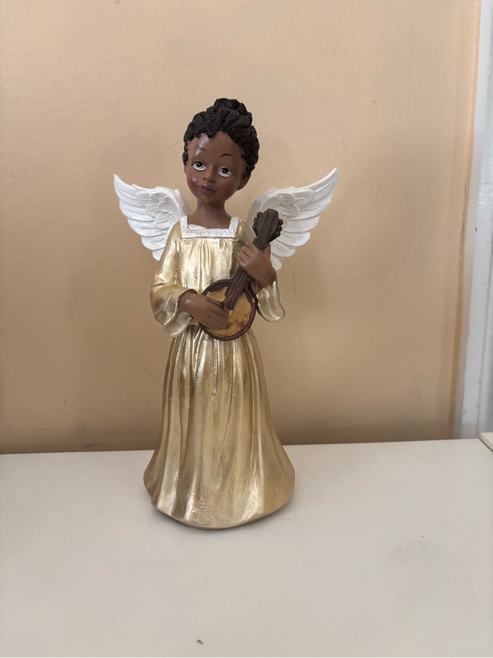 Gold Angel Figurine with White Wings and Brown Hair - Decorative Home Accent